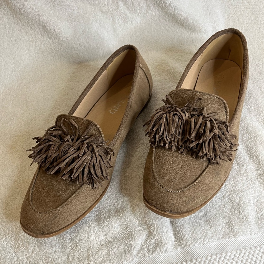 Brown Pom Pom Loafer Moccasins, Size 7
